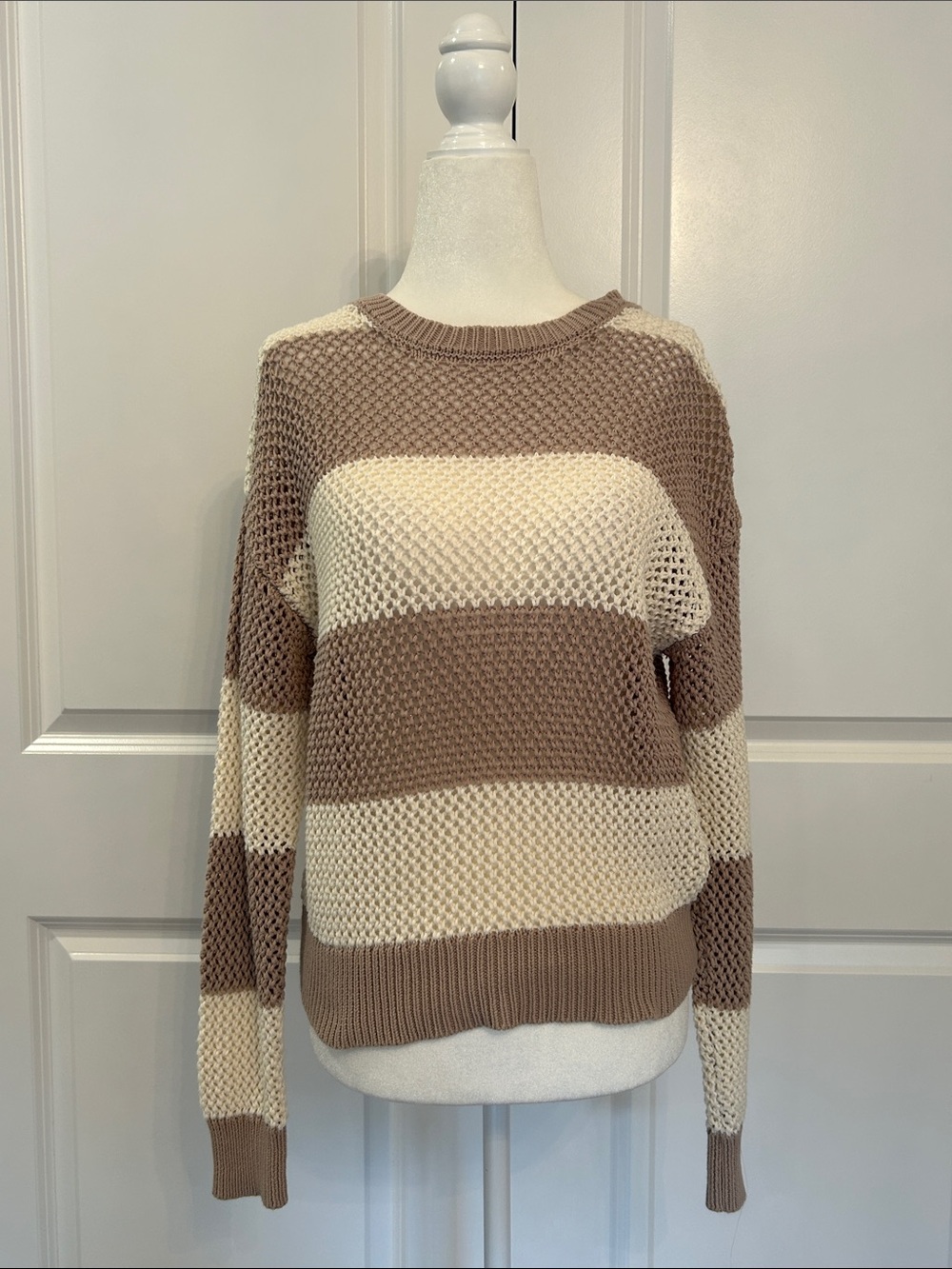 Z Supply Wide Stripe Crewneck Sweater in Cream and Brown